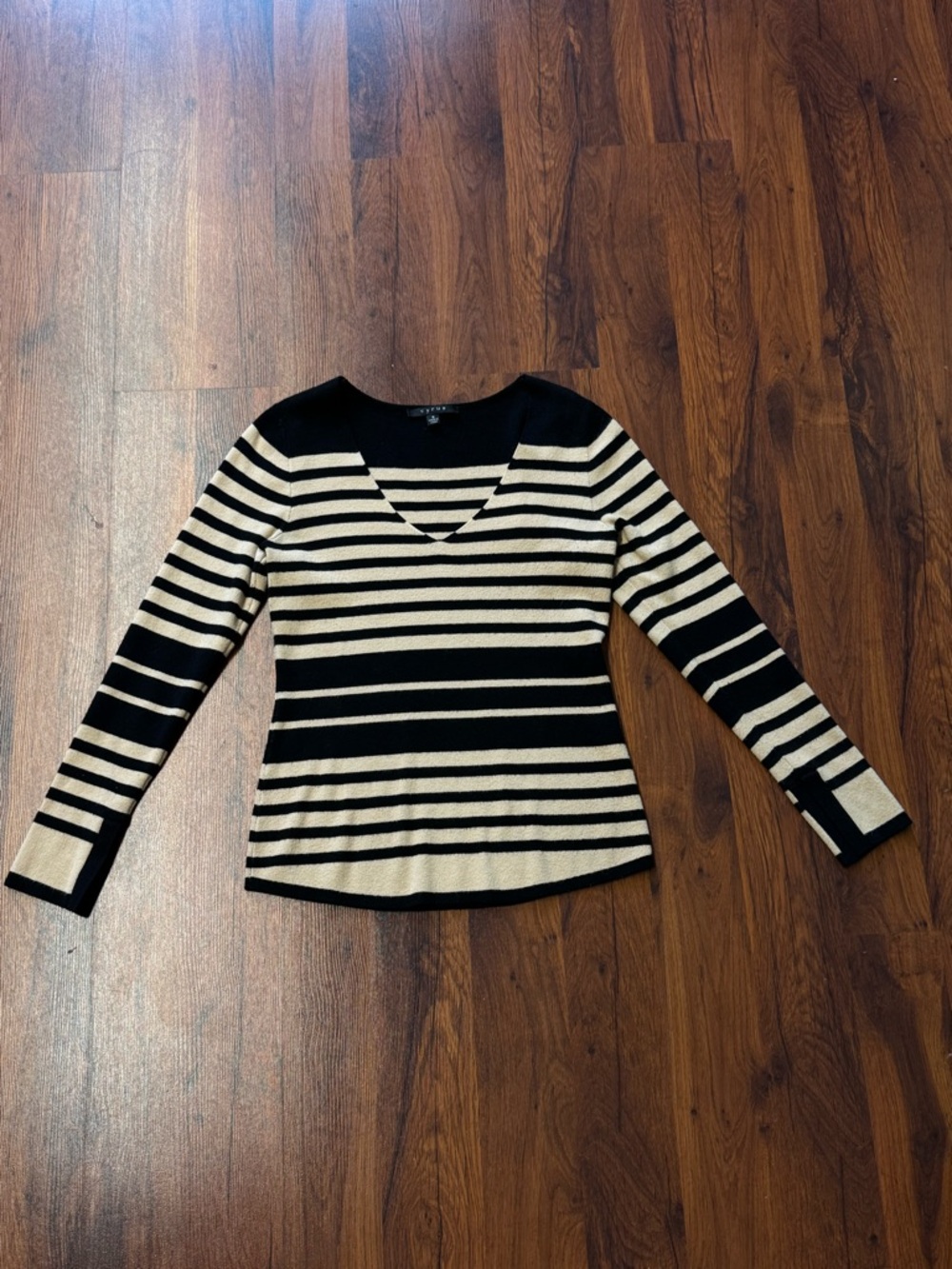 Cyrus Black and Cream Stripe V-Neck Long Sleeve Top